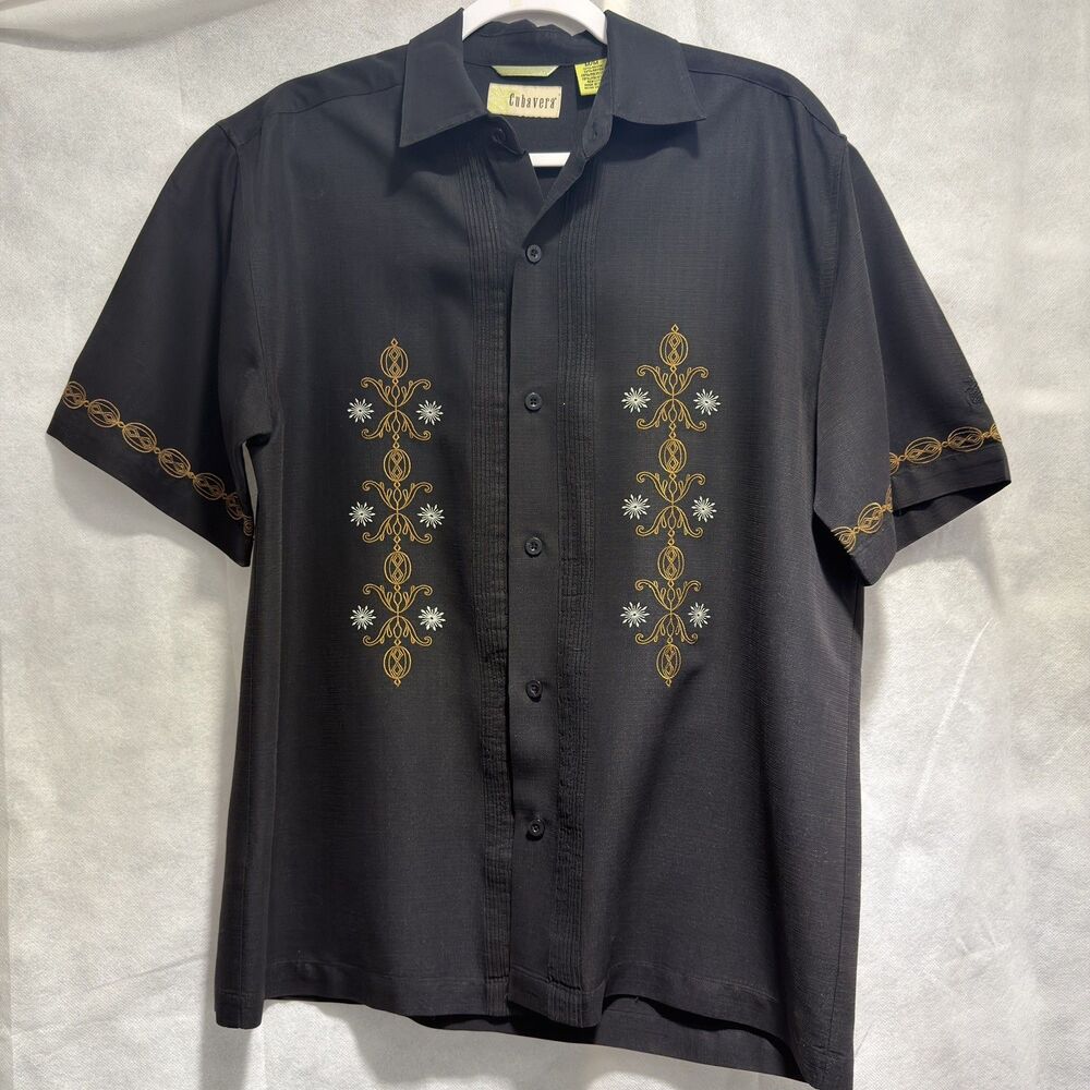 Cubavera Shirt Medium Men Button Up Black Rayon Polyester Blend Short Sleeve